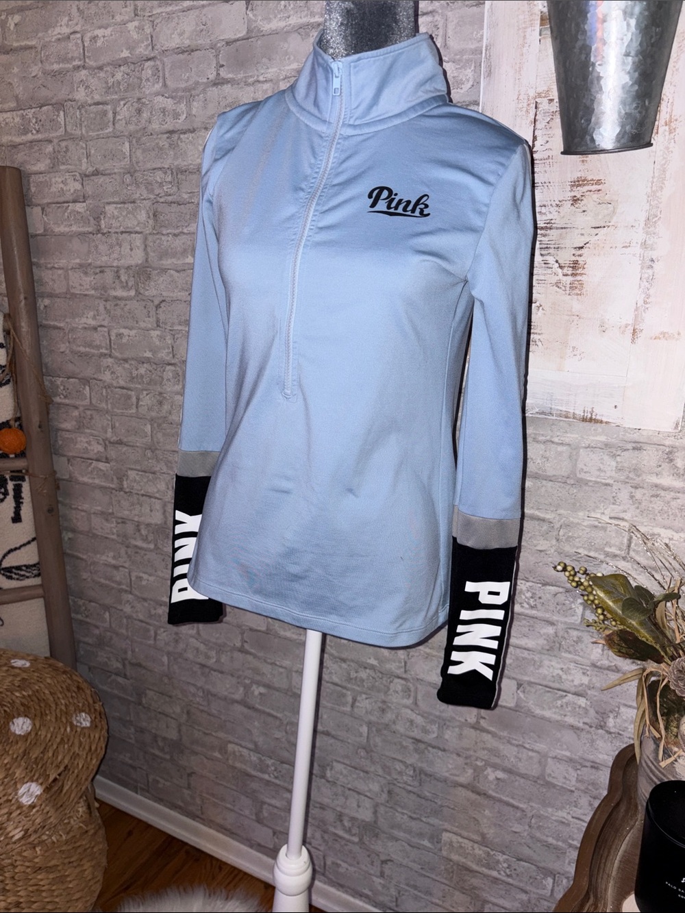 PINK Victoria's Secret Light Blue Half-Zip Pullover with Black Sleeve Panels